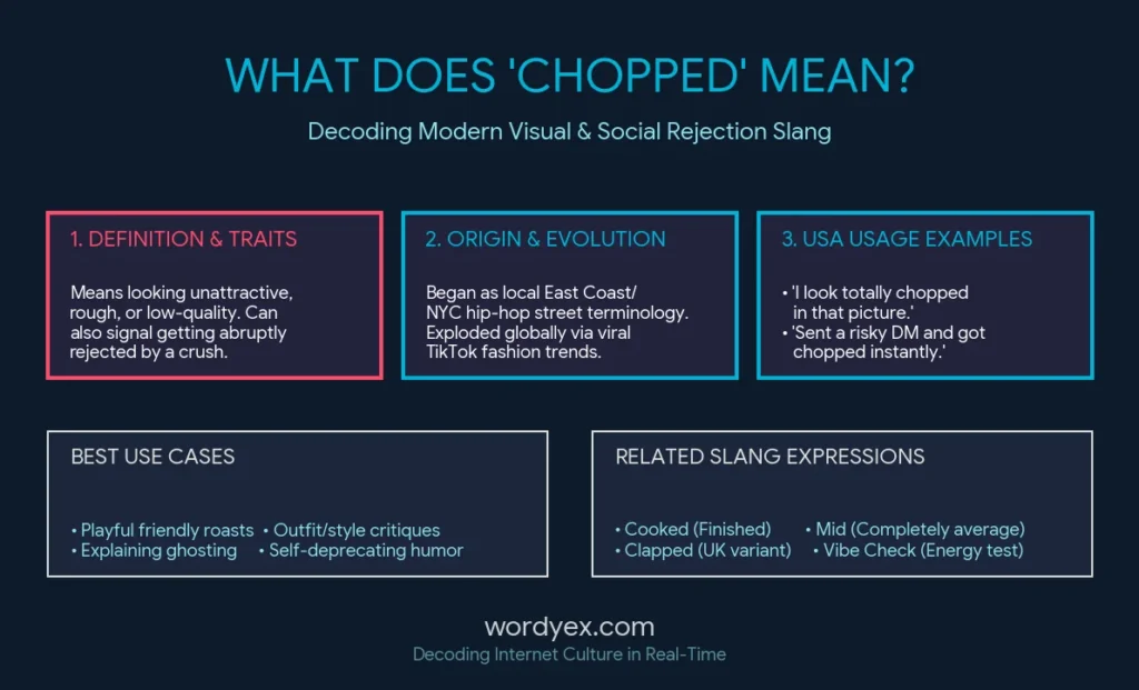 Compact Slang Infographic defining "chopped meaning in text" for wordyex.com. Bold, clean title text reading "WHAT DOES 'CHOPPED' MEAN?". Center illustration of a modern character looking confused at a smartphone screen. Three clearly numbered panels (pink, white, and white headers) with minimalist, crisp icons representing: 1. Definition/Traits (Looking unattractive, rough visual appearance, unappealing style), 2. Origin/TikTok/Gaming (Roots in East Coast/NYC hip-hop evolving into trending viral TikTok culture), 3. USA Usage Examples ("That outfit looks chopped", "Got chopped by my crush"). Bottom grid block contrasting 'USAGE CONTEXTS (Roasting, Rejection)' vs 'RELATED TERMS (Cooked, Mid, Clapped)'. Cool digital illustration style, neon blue and deep teal color palette, clean grid structures, glowing structural nodes. Discrete 'wordyex.com' logo placed cleanly in the bottom center.