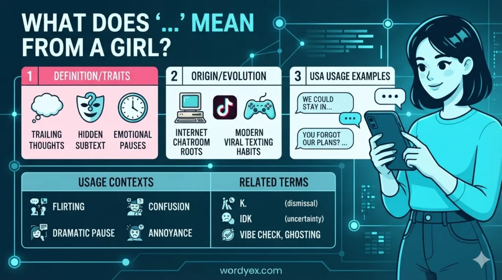 Horizontal digital infographic for wordyex.com explaining what dot dot dot means from a girl in text, featuring numbered panels for definitions, origins, and USA usage examples with an illustration of a girl holding a smartphone.
