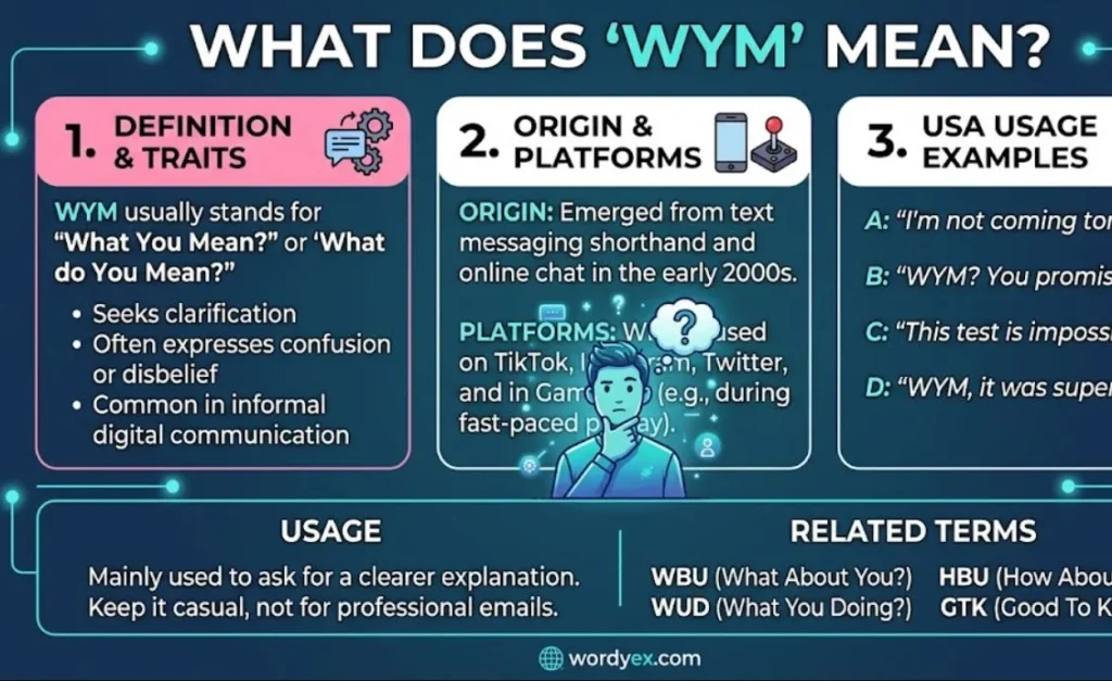A clean, structured digital slang infographic for wordyex.com defining the acronym "WYM" against a dark blue background with glowing nodes. The top bold header reads "WHAT DOES 'WYM' MEAN?". The layout features a central illustration of a thinking male character surrounded by three numbered panels: the first panel has a pink header for "Definition & Traits" explaining it means "What You Mean?"; the second has a white header for "Origin & Platforms" highlighting text messaging and TikTok; the third has a white header showing "USA Usage Examples" with short conversational lines. The bottom section compares "USAGE" guidelines with a list of "RELATED TERMS" like WBU and HBU, with the wordyex.com website logo centered at the very bottom.