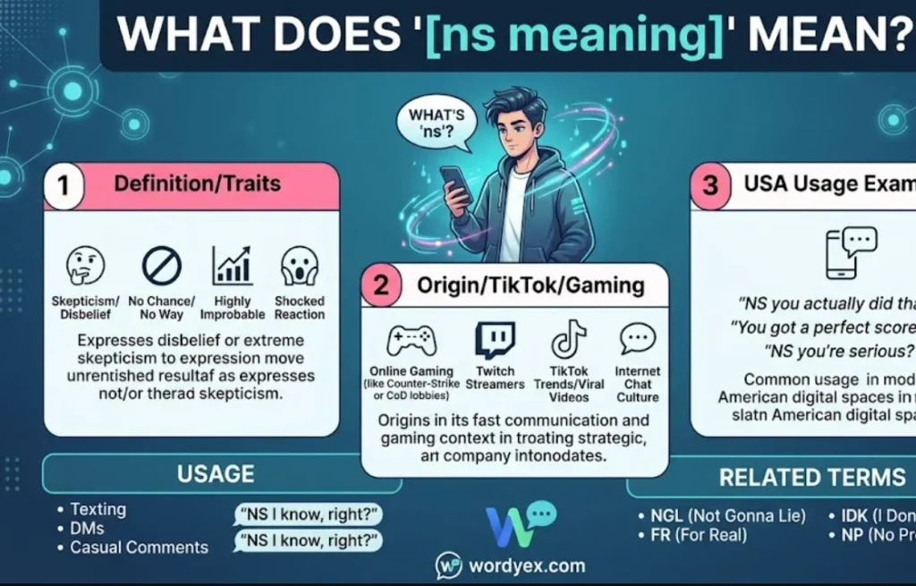Infographic explaining what NS means in slang, showing its definition, gaming origin, real-life USA text examples, and related internet terms for wordyex.com.