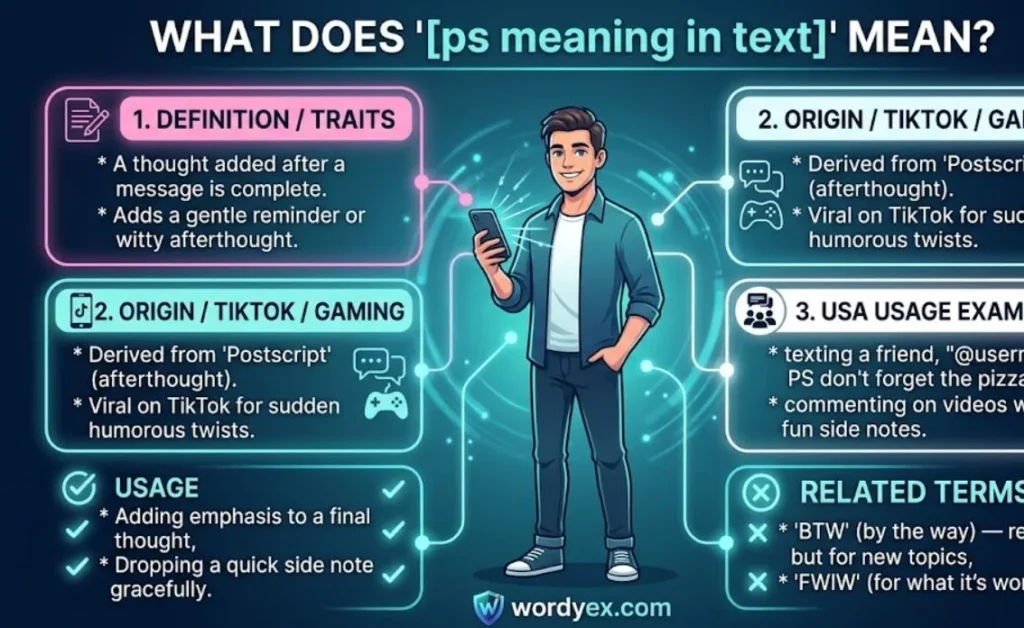 An educational slang infographic from wordyex.com explaining what PS means in text messaging, featuring a modern digital illustration of a young man using a smartphone against a glowing teal and blue background with structured panels for definition, origin, usage examples, and related slang terms.