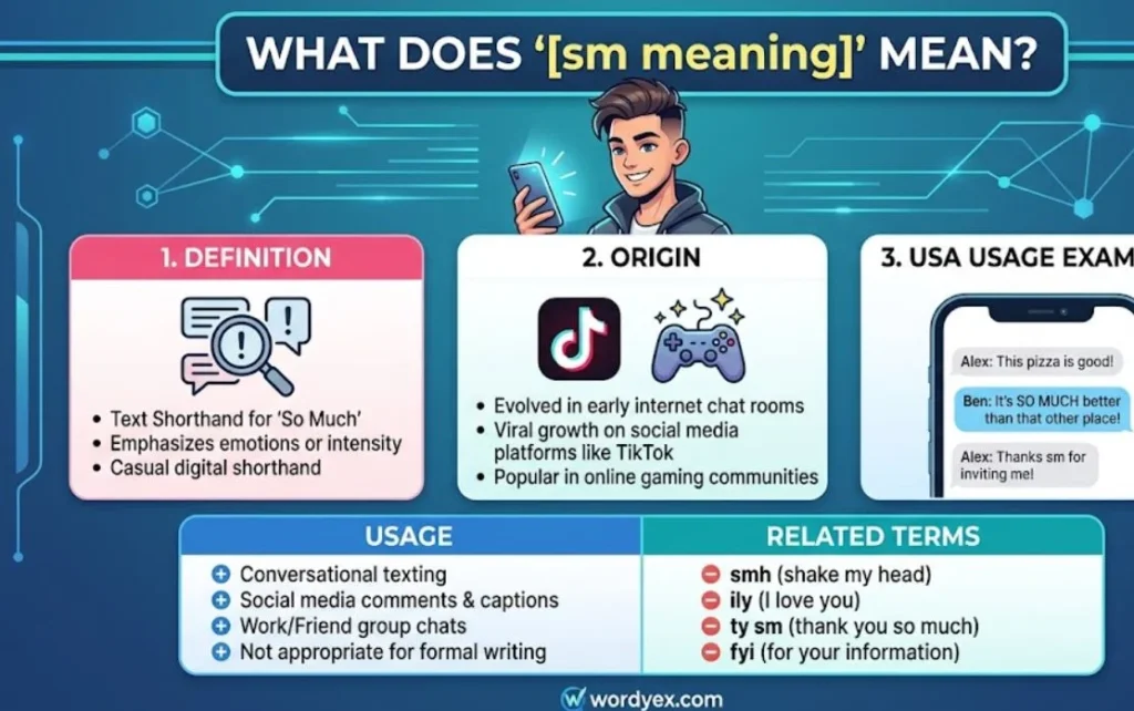 An infographic by wordyex.com explaining the internet slang "SM" (So Much), featuring its definition, digital origins, USA texting examples, and related terms.