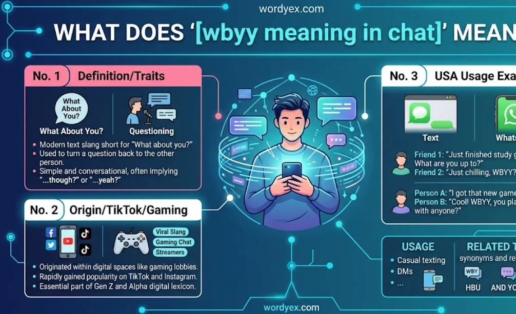 A clean, digital slang infographic for wordyex.com titled "WHAT DOES '[wbyy meaning in chat]' MEAN?". The design features a blue and teal palette with glowing tech nodes and a central illustration of a young man using a smartphone. Three structured panels break down the acronym: Panel 1 (pink header) explains the definition and conversational traits of "What about you?"; Panel 2 (white header) displays its origin in gaming chat, TikTok, and Instagram; Panel 3 (white header) showcases real-life USA text and WhatsApp messaging examples. The bottom features a "Usage vs Related Terms" block comparing WBY, HBU, and WYM, with the wordyex.com logo centered at the bottom.
