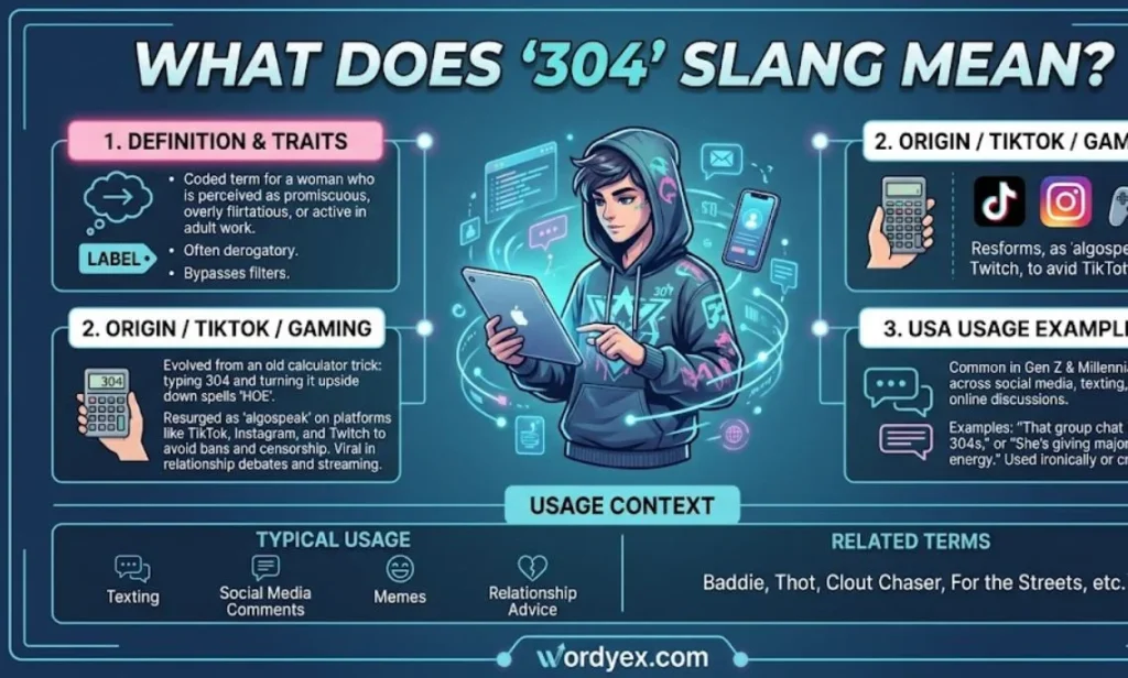 Infographic explaining what does 304 mean slang, including definition, calculator origin, TikTok usage, and examples for wordyex.com