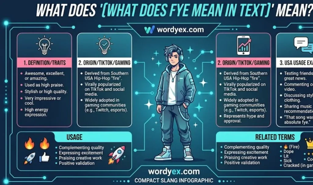 Compact slang infographic explaining what FYE means in text for WordyEx.com, covering its definition, origin, and USA usage examples.