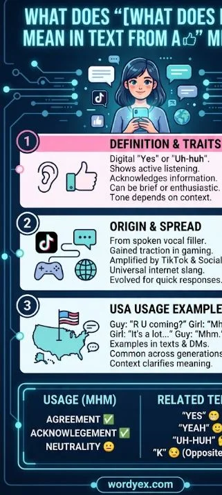 An infographic for wordyex.com titled "What Does 'Mhm' Mean in Text from a Girl?" featuring a digital illustration of a girl looking at a smartphone. The graphic is divided into three numbered sections: 1. Definition & Traits (describing "mhm" as a digital "yes" or "uh-huh"), 2. Origin & Spread (noting its roots in vocal fillers and growth via social media), and 3. USA Usage Examples (showing conversational examples). The bottom section highlights "Usage" as agreement, acknowledgment, or neutrality, and lists "Related Terms" including "Yes," "Yeah," and "Uh-huh." The overall design uses a blue and teal color palette with glowing nodes.