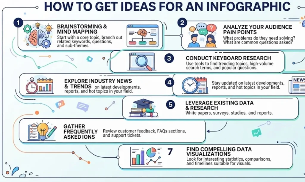 An infographic titled "How to Get Ideas for an Infographic" outlines a seven-step process: 1. Brainstorming and mind mapping for core topics; 2. Analyzing audience pain points and common questions; 3. Conducting keyword research for trending topics; 4. Exploring industry news and current trends; 5. Leveraging existing data like reports and studies; 6. Gathering frequently asked questions from feedback and support; and 7. Finding compelling data visualizations to highlight statistics and comparisons.