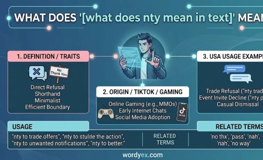A clean, compact slang infographic for wordyex.com with a cool blue and teal digital palette explaining "what does nty mean in text". The top features a bold white title, and the center displays a modern digital illustration of a young man using a glowing screen. Three numbered panels with icons cover the definition (direct refusal, minimalist shorthand), origin (online gaming and TikTok adoption), and USA usage examples (trade refusal and declining invitations). The bottom layout includes a dark teal block comparing usage sentences to related terms, with "wordyex.com" printed cleanly at the bottom center.