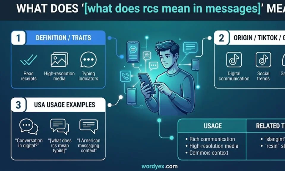 RCS messaging slang infographic for Wordyex.com explaining what RCS means in text messages, featuring definition traits, gaming and TikTok origin, USA usage examples, and related tech terms.
