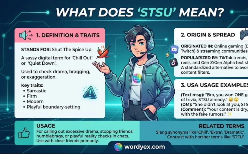 A clean, structured slang infographic defining the acronym STSU for the website wordyex.com. The graphic features a bold top header reading "WHAT DOES 'STSU' MEAN?" against a cool tech-themed background with a blue and teal palette, clean lines, and glowing nodes. In the center is a digital illustration of a young male gamer character wearing headphones, a hoodie, and a jacket featuring a small colorful globe logo. The information is divided into three main numbered panels: Panel 1 (pink header) covers "Definition & Traits," explaining that it stands for "Shut The Spice Up" next to an icon of chili peppers; Panel 2 (white header) details "Origin & Spread" linking it to Discord, Twitch, and TikTok; and Panel 3 (white header) shows "USA Usage Examples" in text messages and direct messages. The bottom section is split into two dark teal blocks labeled "USAGE" and "RELATED TERMS," with the wordyex.com globe logo placed at the bottom center.