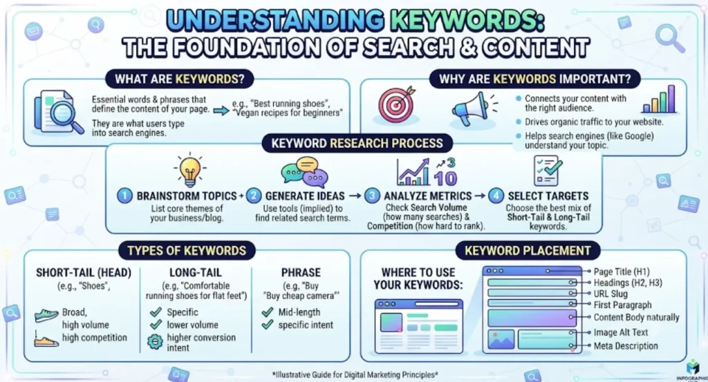 An infographic titled "Understanding Keywords: The Foundation of Search & Content." It explains what keywords are, why they are important for SEO, and the four-step keyword research process. It also categorizes keyword types into short-tail, long-tail, and phrase, and provides a visual guide on where to place keywords on a webpage, including the page title, headings, URL slug, and meta description.