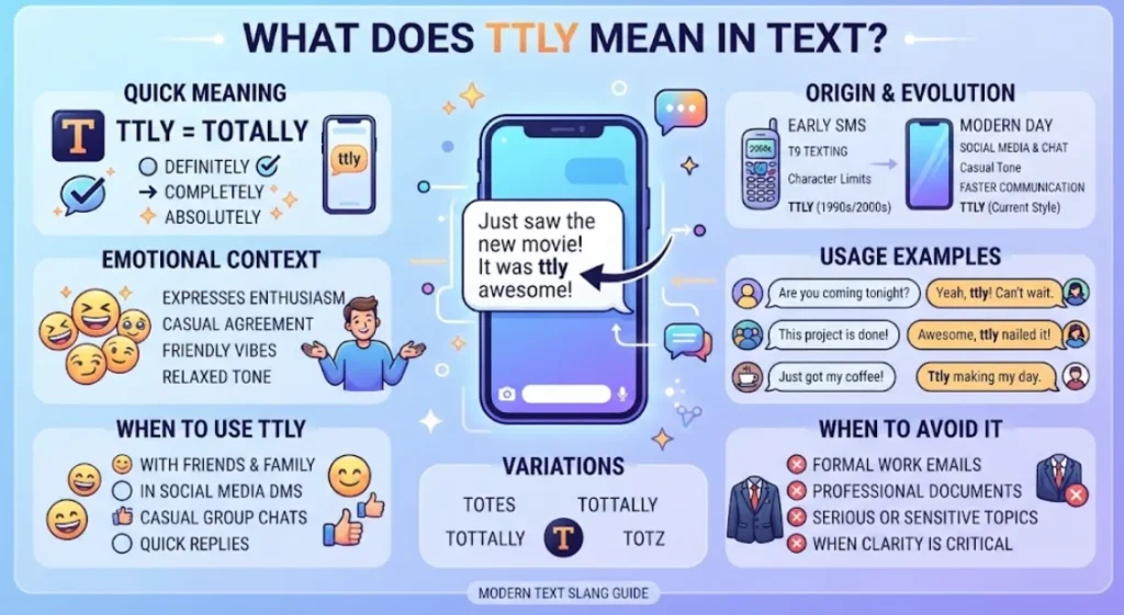 An infographic titled "What does TTLY mean in text?" explaining that it is a slang abbreviation for "totally." The visual guide outlines its origin in early T9 texting, its current use in social media, examples of casual conversations, emotional context as an expression of enthusiasm, common variations like "totes," and a clear "when to avoid" section for professional settings.