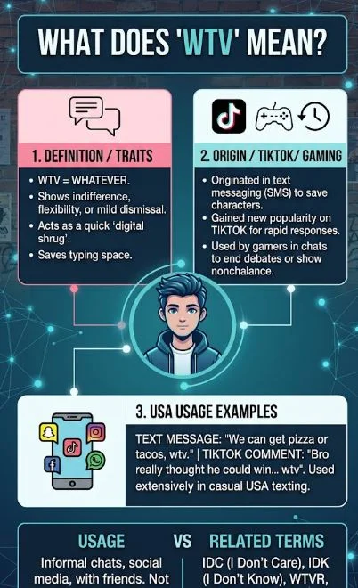 Blue and teal digital slang infographic for wordyex.com defining what WTV means in text message slang, featuring numbered panels for traits, TikTok and gaming origins, and real-life USA text conversation examples.