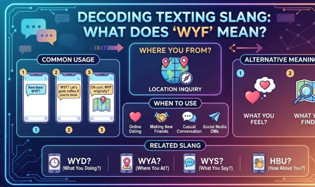 An infographic titled "Decoding Texting Slang: What Does 'WYF' Mean?" explains that the primary meaning is "Where You From?" for location inquiries. It includes sections on common usage with smartphone text examples, when to use it (online dating, making friends, casual conversation, social media), alternative meanings like "What You Feel?" or "What You Find?", and a section on related slang including "WYD?", "WYA?", "WYS?", and "HBU?".