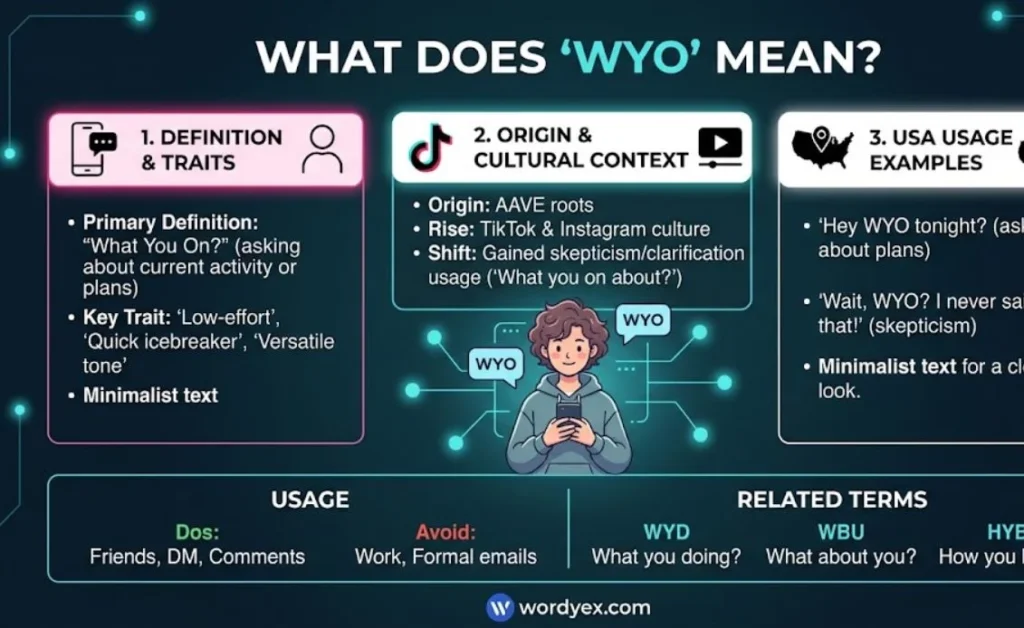 An informative digital slang infographic titled "WHAT DOES 'WYO' MEAN?" set against a dark teal background with glowing circuit nodes. In the center, a digital illustration features a young person holding a phone surrounded by speech bubbles with the acronym "WYO". Below the title are three white and pink cards: 1. Definition & Traits (explaining "What You On?" as asking about plans or current activity), 2. Origin & Cultural Context (highlighting AAVE roots and TikTok/Instagram popularity), and 3. USA Usage Examples (showing sample text messages). The bottom section outlines proper usage (Dos and Avoids) alongside related slang terms like WYD, WBU, and HYB, with the Wordyex logo at the bottom center.