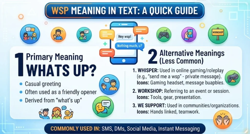 Highlighted as a casual greeting and friendly opener derived from "what's up." It includes illustrations of people chatting and a smartphone showing a message exchange ("Hey wsp!", "Nothing much, u?").