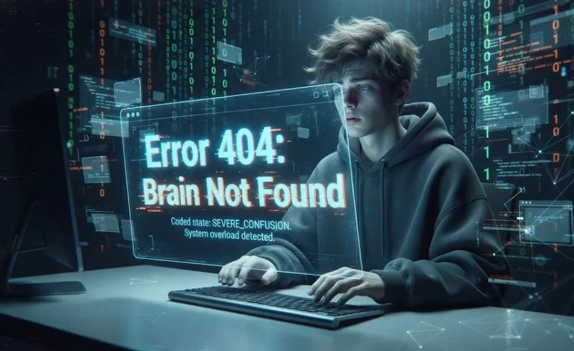 A stylized digital illustration capturing the concept of "404 Coded," showing a young person with disheveled hair sitting at a desk, looking confused and overwhelmed. They are surrounded by a cascading digital matrix of green and blue binary code and floating data packets. A large, glowing holographic screen in front of them displays the text "ERROR 404: BRAIN NOT FOUND" in corrupted, glitching neon typography, with "System Overload Detected" below it. The background is dark and futuristic, emphasizing intense mental fog and digital burnout.