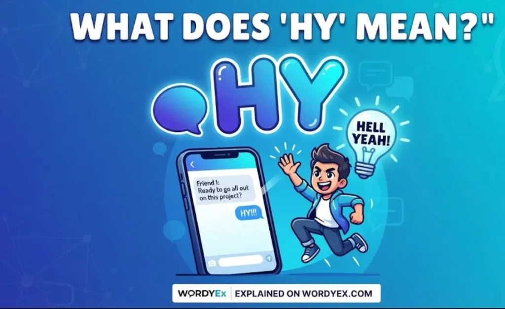 An eye-catching WordyEx graphic featuring the bold heading "What Does 'HY' Mean?", large styled letters spelling HY, a smartphone displaying a text message conversation, and an energetic character jumping next to a lightbulb.