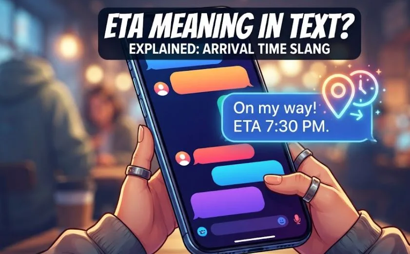 A stylized close-up photo of a smartphone held in hands, displaying an iMessage chat bubble that reads "On my way! ETA 7:30 PM." A glowing digital icon of a location pin and clock floats next to the text, emphasizing the meaning of Estimated Time of Arrival as internet slang. The background is a blurred coffee shop setting.