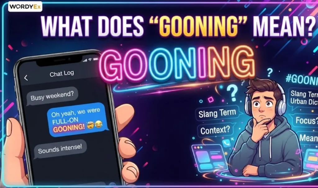 A vibrant WordyEx graphic featuring the heading "What Does 'Gooning' Mean?", bold neon letters spelling GOONING, a smartphone showing a text conversation, and an animated character looking distracted.