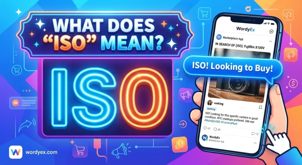A vibrant WordyEx graphic featuring the heading "What Does 'ISO' Mean?", bold neon letters spelling ISO, and a smartphone showing a social media marketplace wanted listing.
