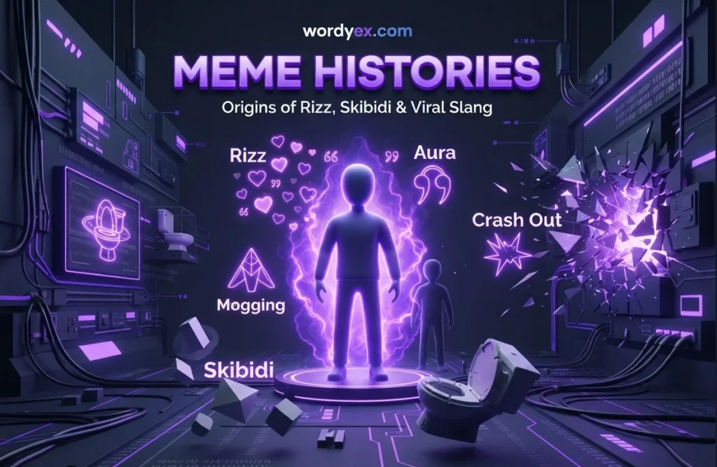 Futuristic neon purple graphic for Meme Histories featuring text and icons for viral internet slang like Rizz, Aura, and Skibidi