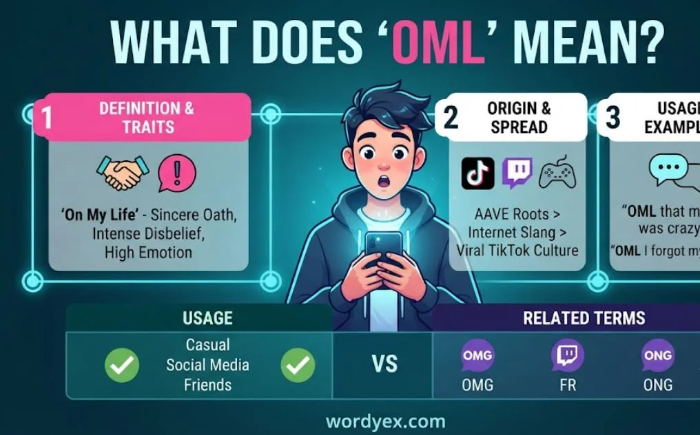Compact slang infographic for wordyex.com titled "WHAT DOES 'OML' MEAN?" featuring a central illustrated character using a smartphone, surrounded by three numbered panels detailing definition and traits ("On My Life"), origin and spread across TikTok and gaming, and USA usage examples, with a bottom comparison grid for usage versus related terms like OMG, FR, and ONG.