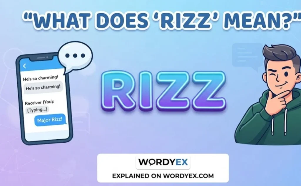 A vibrant WordyEx graphic featuring the heading "What Does 'RIZZ' Mean?", bold neon letters spelling RIZZ, a smartphone showing a text conversation with a "Major Rizz!" message, and a confident animated character winking.