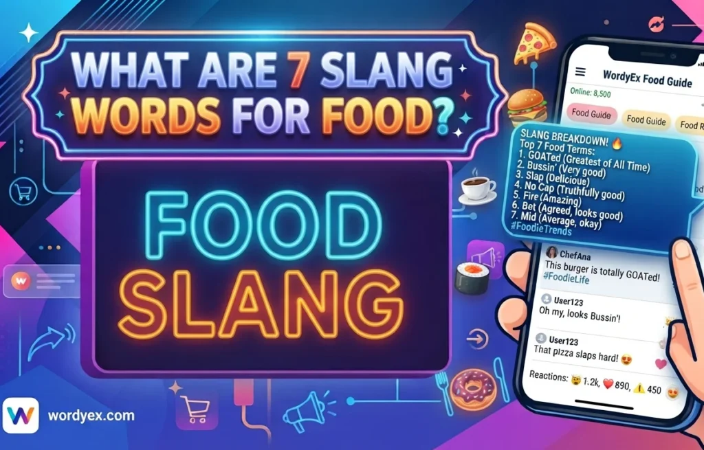 A vibrant WordyEx graphic featuring the heading "What Are 7 Slang Words for Food?", bold neon letters, and a smartphone showing a food chat message.