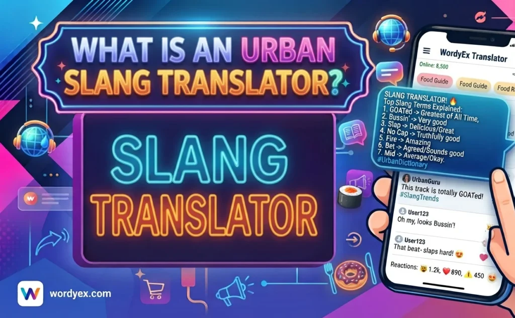 A vibrant WordyEx graphic featuring the heading "What Is an Urban Slang Translator?", bold neon letters, and a smartphone showing a text translation tool.
