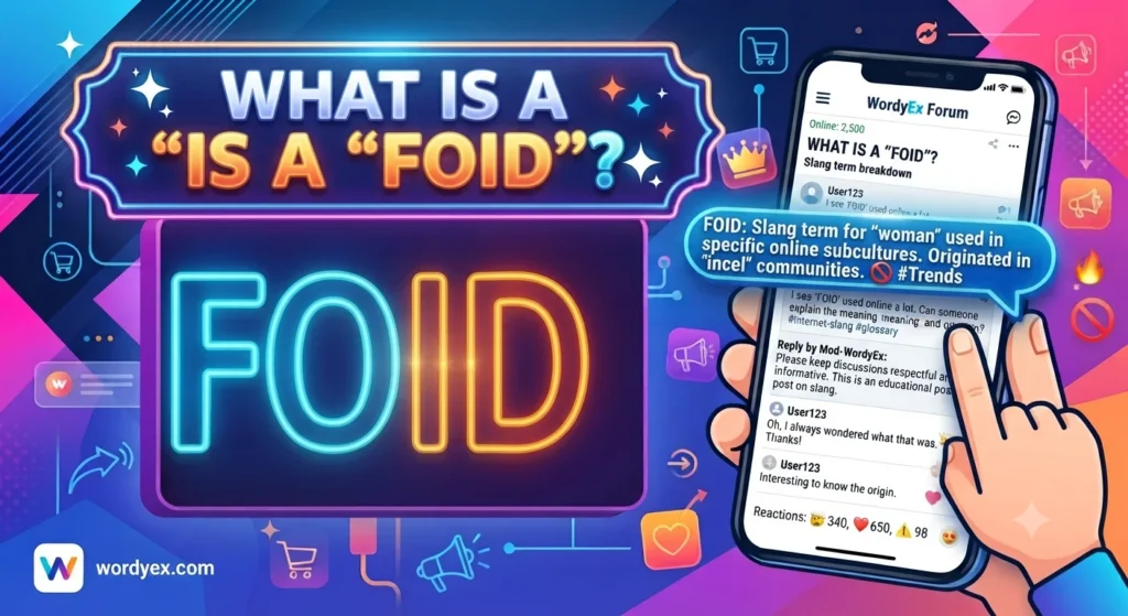 A vibrant WordyEx graphic featuring the heading "What Is a 'FOID'?", bold neon letters spelling FOID, and a smartphone showing an online forum interface.