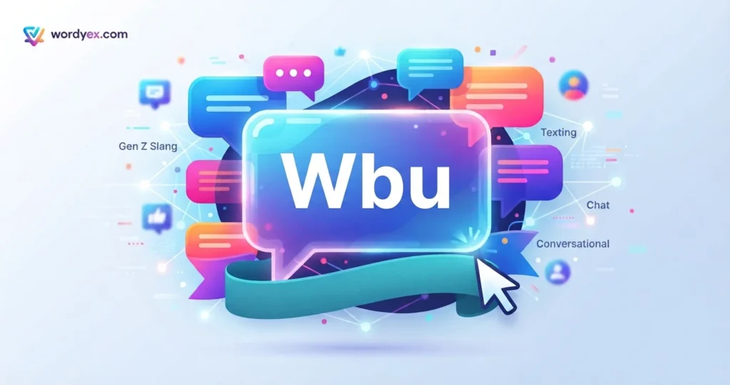 Featured image for wordyex.com blog post 'What Does WBU Mean?'. The image shows a central glowing chat bubble with 'WBU' and 'WHAT ABOUT YOU?' text, surrounded by colorful floating message icons, network lines, and a banner that reads 'Gen Z & Millennial Slang Guide'. Small cursor icon points towards the WBU bubble.
