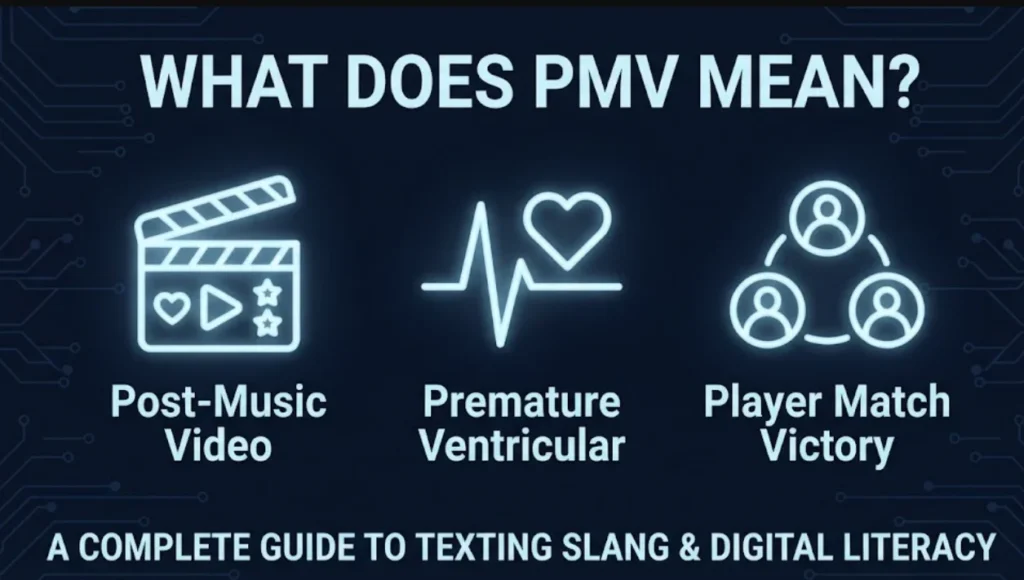 What Does PMV Mean - Infographic showing multiple meanings including post-music video, premature ventricular, and player match victory