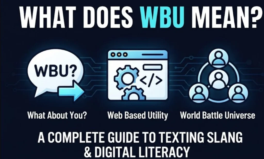 This feature image accurately summarizes the content of the blog post. It includes clear visual representations for the three main definitions of WBU discussed: a speech bubble for 'What About You?' in texting, a browser window with code and gears for 'Web Based Utility', and connected user icons for 'World Battle Universe' in gaming. The typography is bold and matches the requested digital literacy theme.